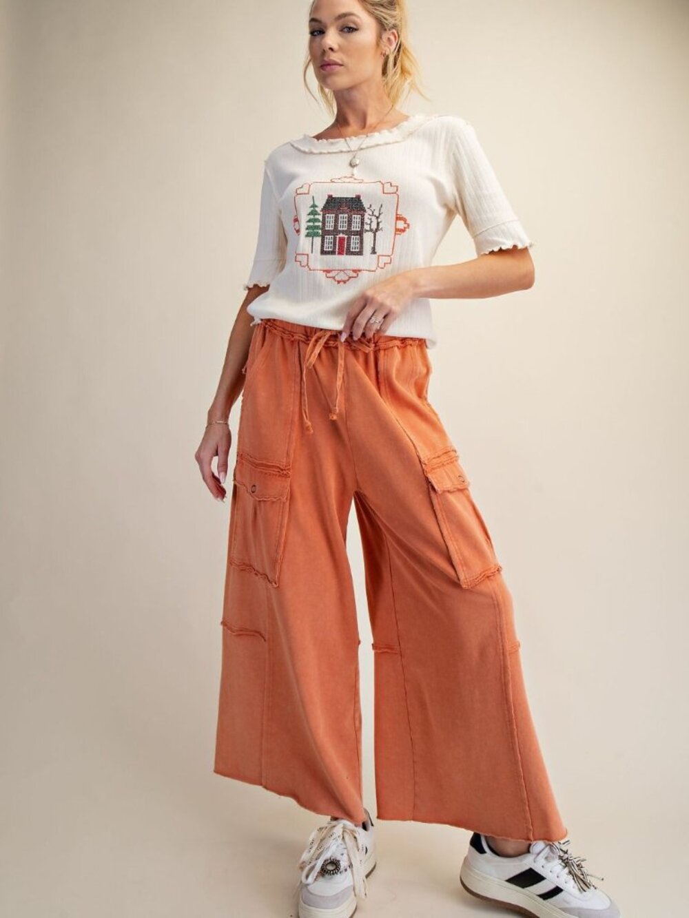 WASHED WIDE LEGS TERRY CARGO PANTS